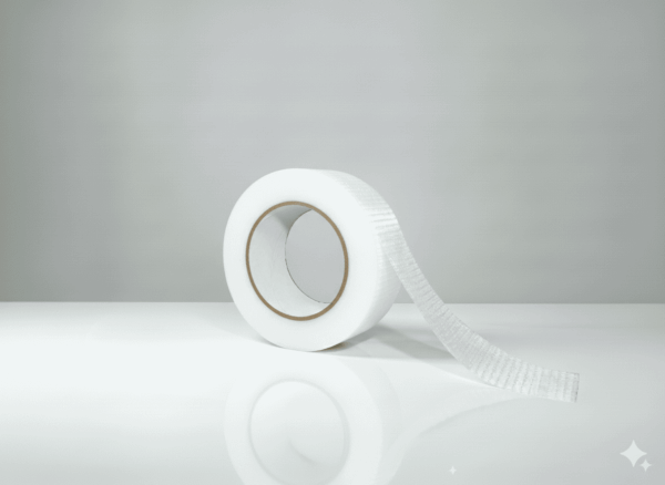 Rollo de cinta adhesiva reforzada transparente con fibras visibles