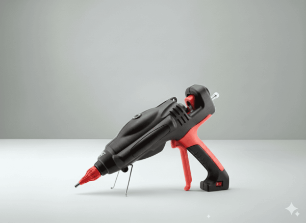 Pistola aplicadora industrial de adhesivo de Equymelt en color negro y rojo, diseñada para trabajos de precisión.