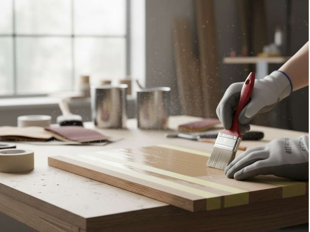 Manos aplicando barniz sobre una tabla de madera protegida con cinta adhesiva de enmascarar en un taller de carpintería.