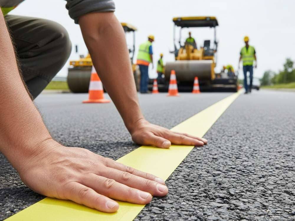 Trabajador colocando cinta adhesiva amarilla sobre el asfalto para señalización vial.